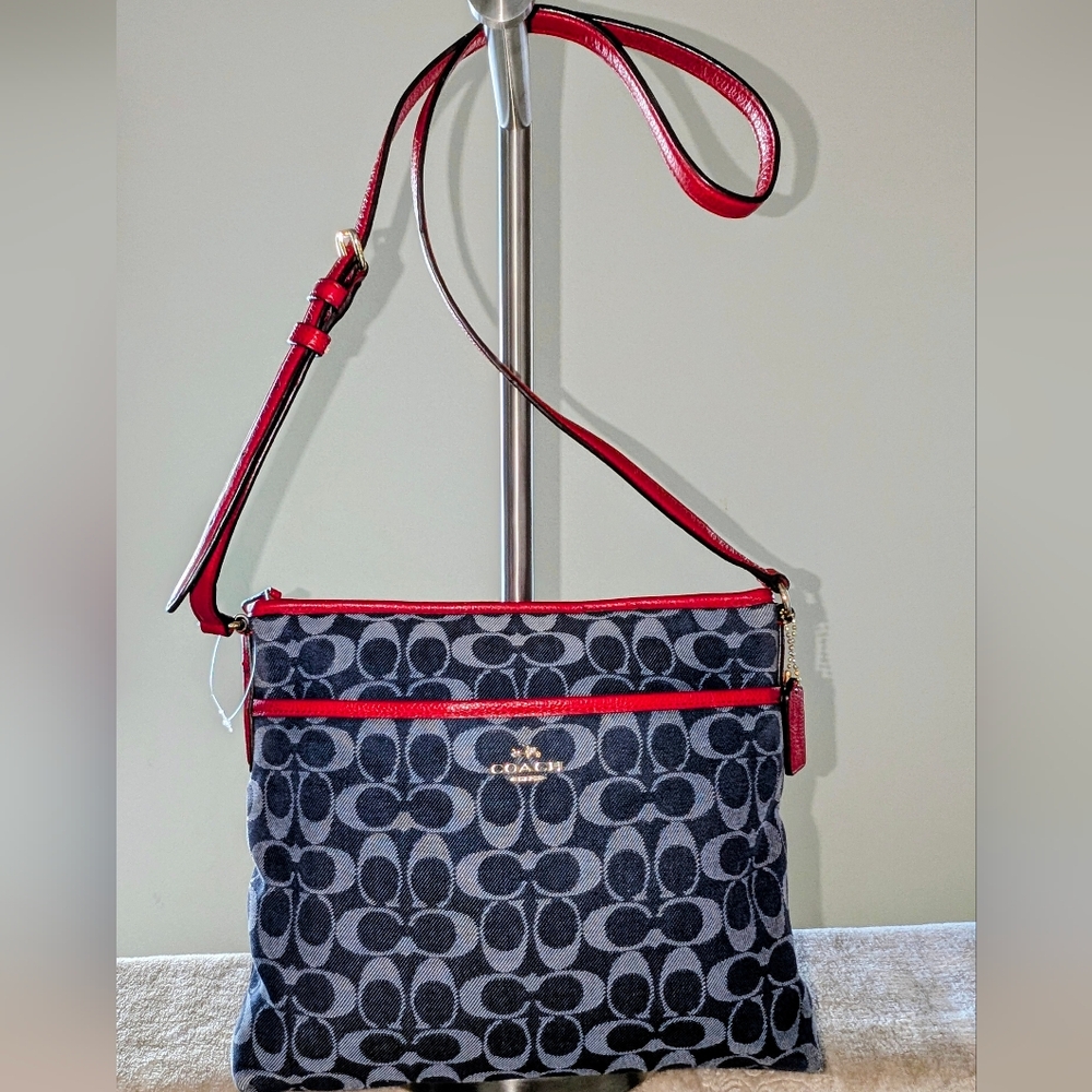 Coach Denim Blue Signature File Crossbody Canvas Bag With Red Leather